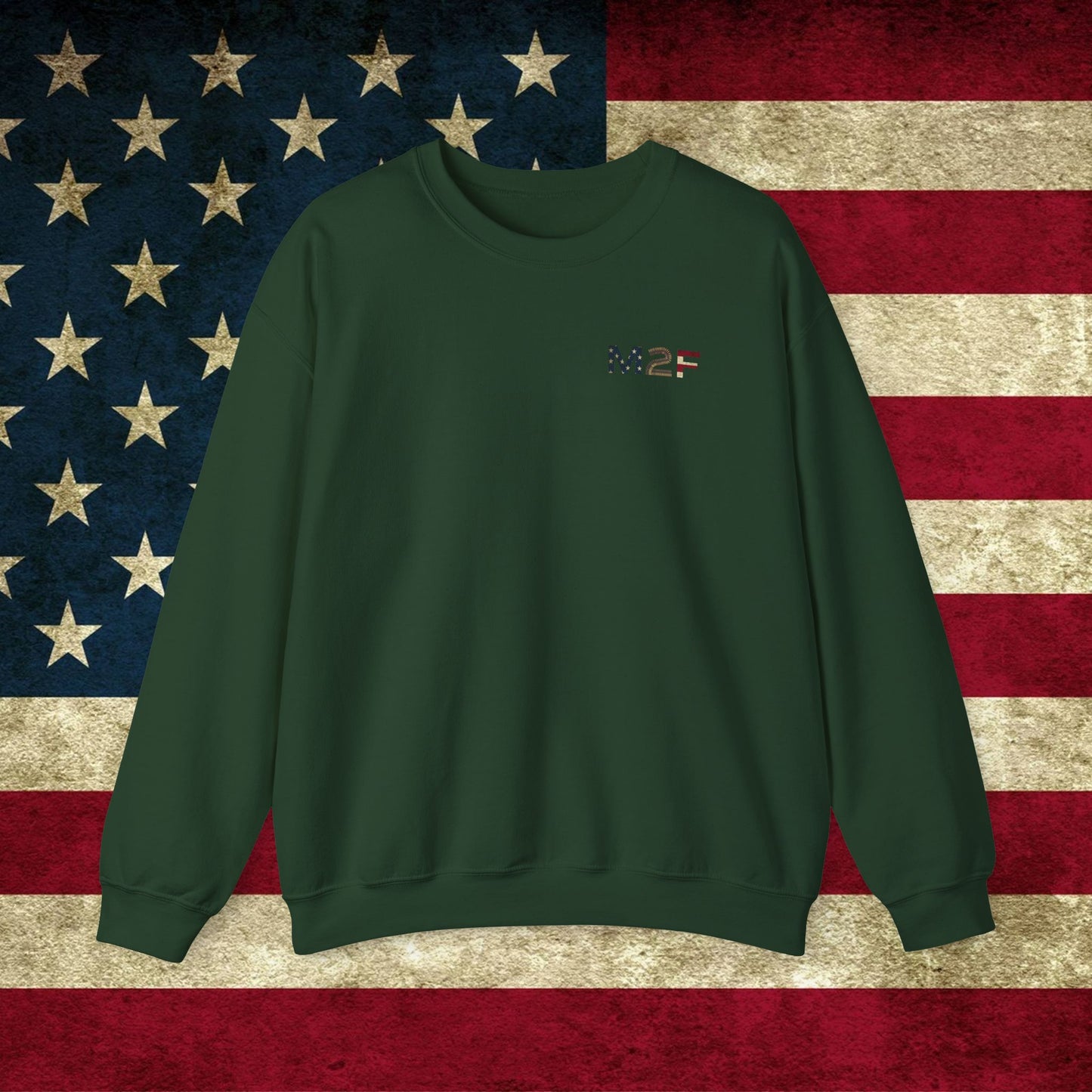 M2F American Flag Crewneck Sweatshirt — Vintage USA Patriotic Pullover