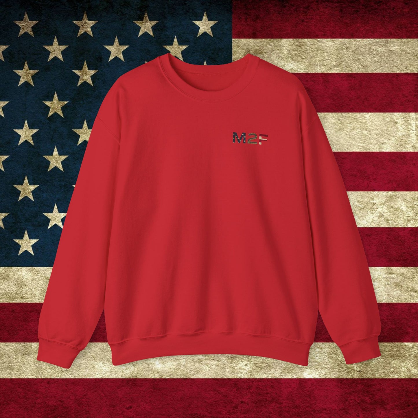 M2F American Flag Crewneck Sweatshirt — Vintage USA Patriotic Pullover